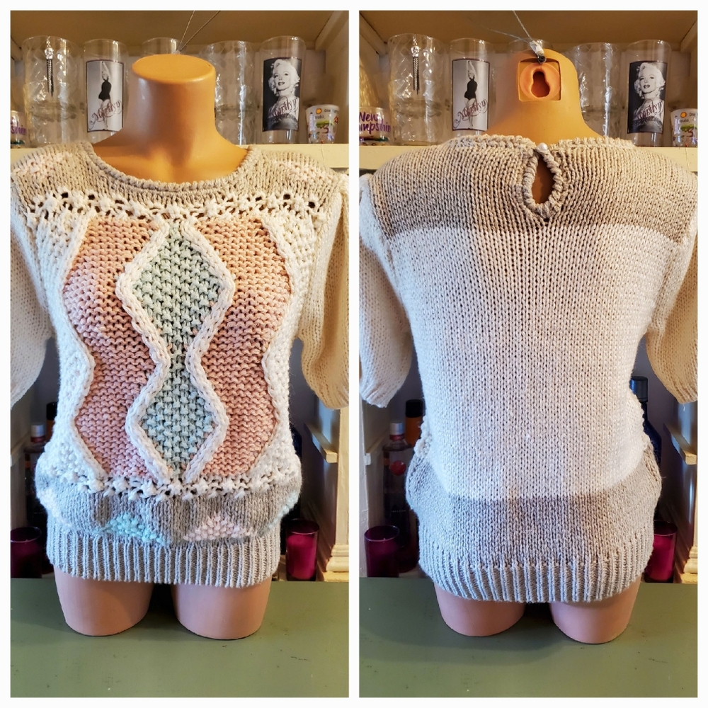 Colter Bay Intl. Vintage Short Sleeve Handknit Sweater Shoulder Pads Small EUC